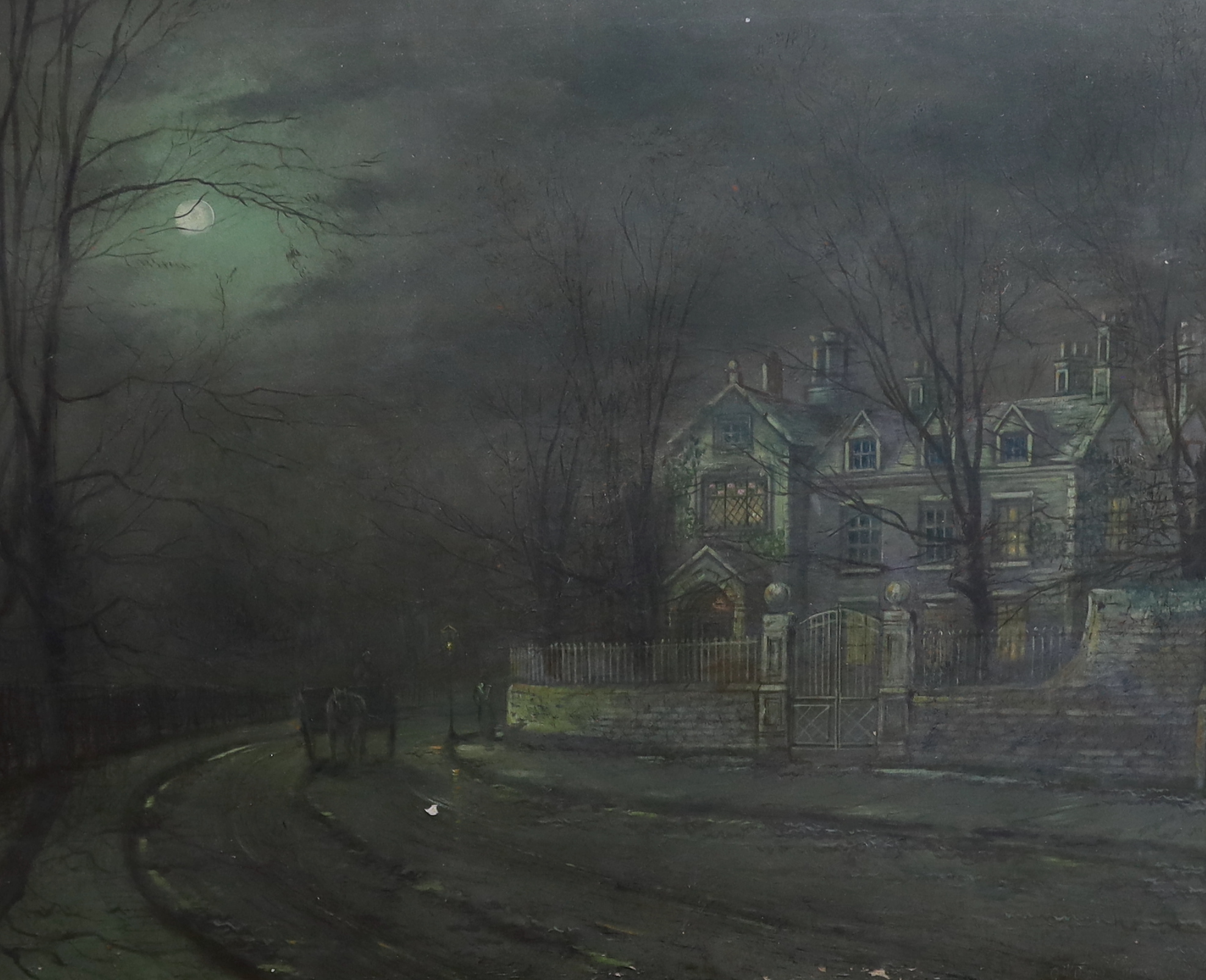 After John Atkinson Grimshaw (1836-1893), oil on canvas, Moonlit street scene, unsigned, 49 x 59cm